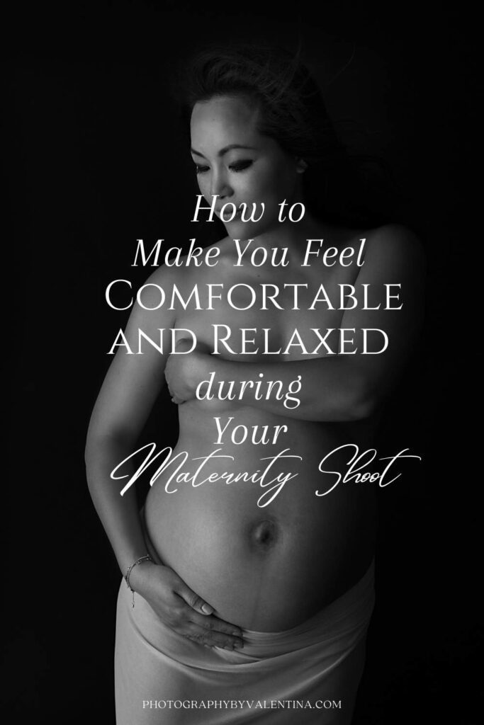 B&W photo of pregnant woman covering her breast with her arm