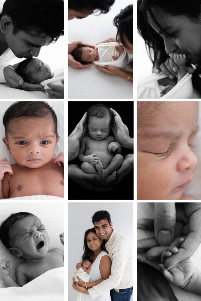 A collection of heartwarming newborn photography portraits, including close-ups, family cuddles, and sleeping babies — captured by London newborn photographer Photography by Valentina.