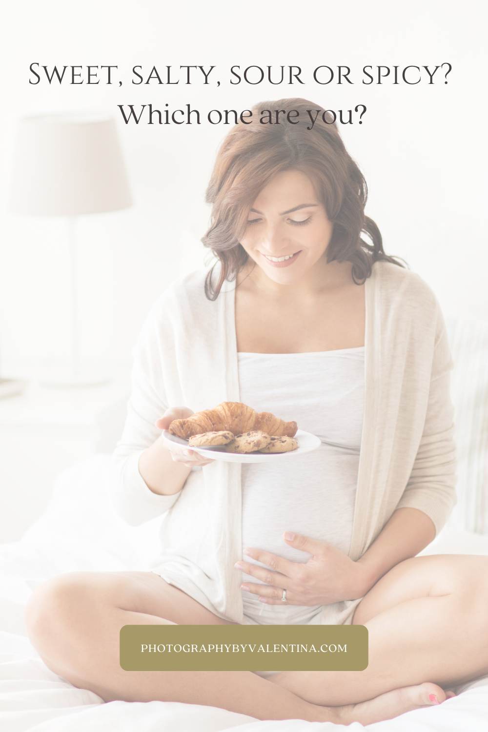 pregnant women on a bed with a plate of biscuits